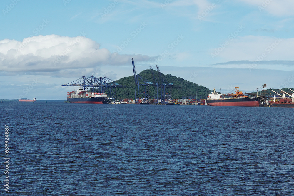 The Port of Paranaguá is the second largest port of Brazil. It's located in the city of Paranaguá, in state of Paraná. View on container and terminal for bulk carrier. 