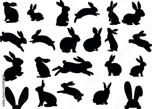 Fototapeta Naklejka Na Ścianę i Meble -  白い背景に黒いウサギのシルエットが15匹、さまざまなポーズで描かれたベクターイラストです。ウサギはかわいくてシンプルです。この画像は春やイースターのプロジェクトにぴったりですし、自然の喜びを祝うプロジェクトにも最適です。 