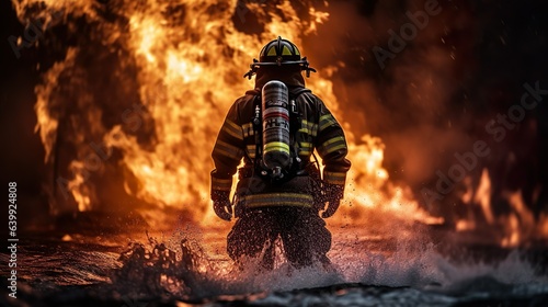 Heroic Fireman in Action - Fighting Fire with Water & Extinguisher, generative Ai