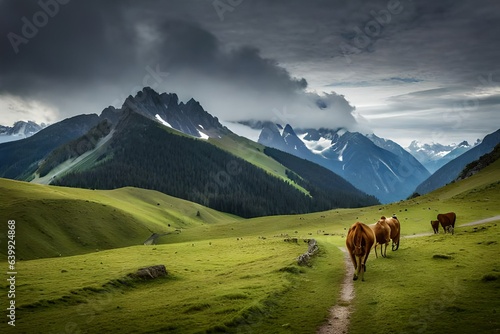 Cows on an alpine pasture generated by AI tool.