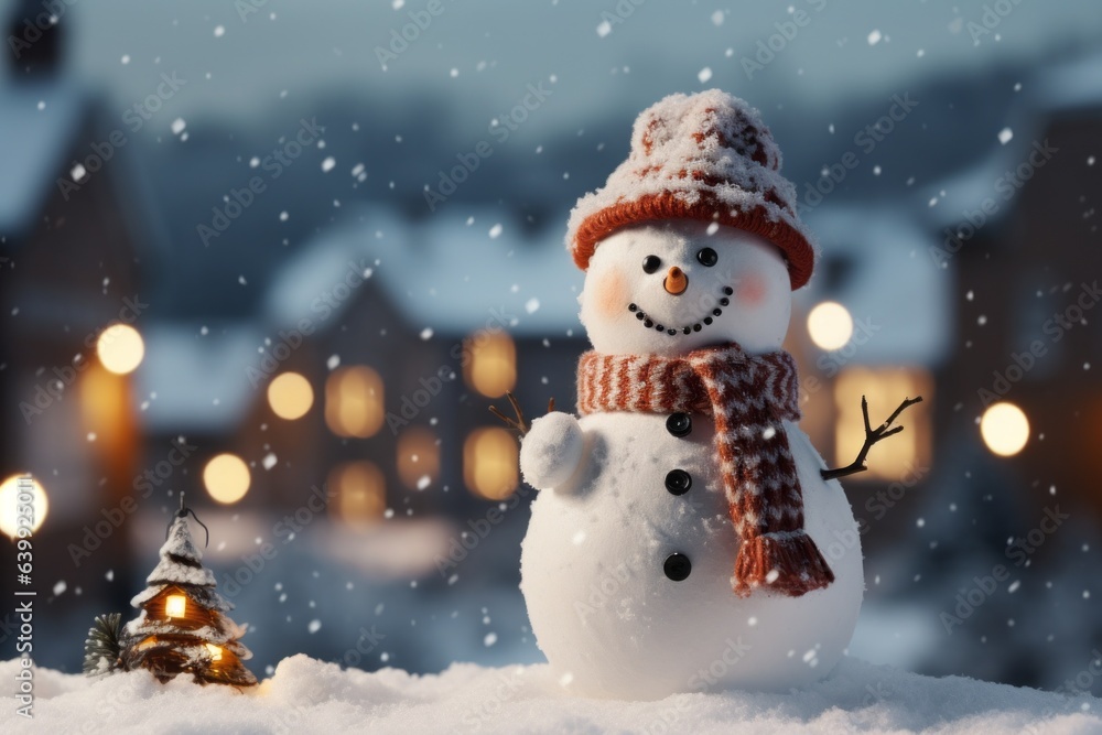 Happy Snowman as a symbol of Christmas and New Year holidays in the beautiful light of evening lights. Background