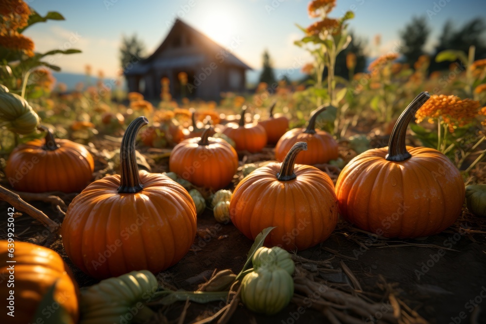 Pumpkins in the garden. Halloween concept. Background with selective focus and copy space Pumpkins in the garden. Halloween concept. Background with selective focus and copy space