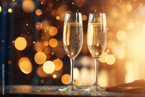 Glasses of champagne or sparkling wine with a celebratory mood. Merry christmas and happy new year concept