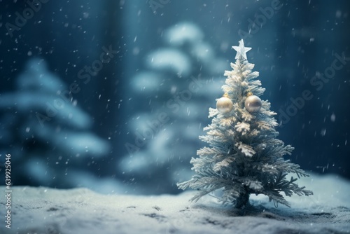 Christmas tree in snowy forest in winter, celebrating the holidays. Merry christmas and happy new year concept