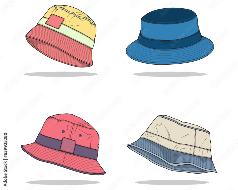 set of color full bucket hat drawing vector color full bucket hat in a