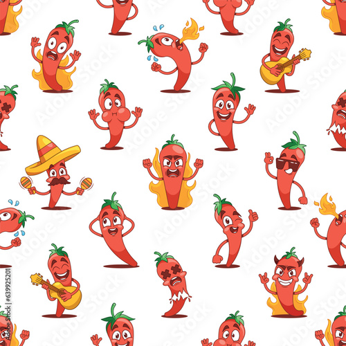Vibrant Seamless Pattern Featuring Cartoon Playful Hot Mexican Pepper Characters In Various Poses And Expressions