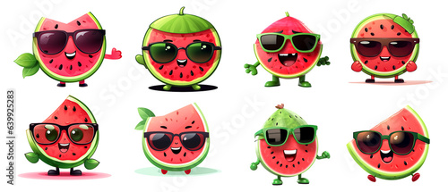 Cute watermelon set kawaii cartoon character with sunglass isolated on transparent background. Watermelon png bundle