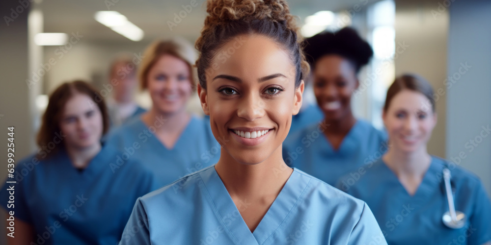 Portrait of young African American female doctor, nurse, with diverse colleagues in the background Portrait of young African American female doctor, nurse, with diverse colleagues in the background