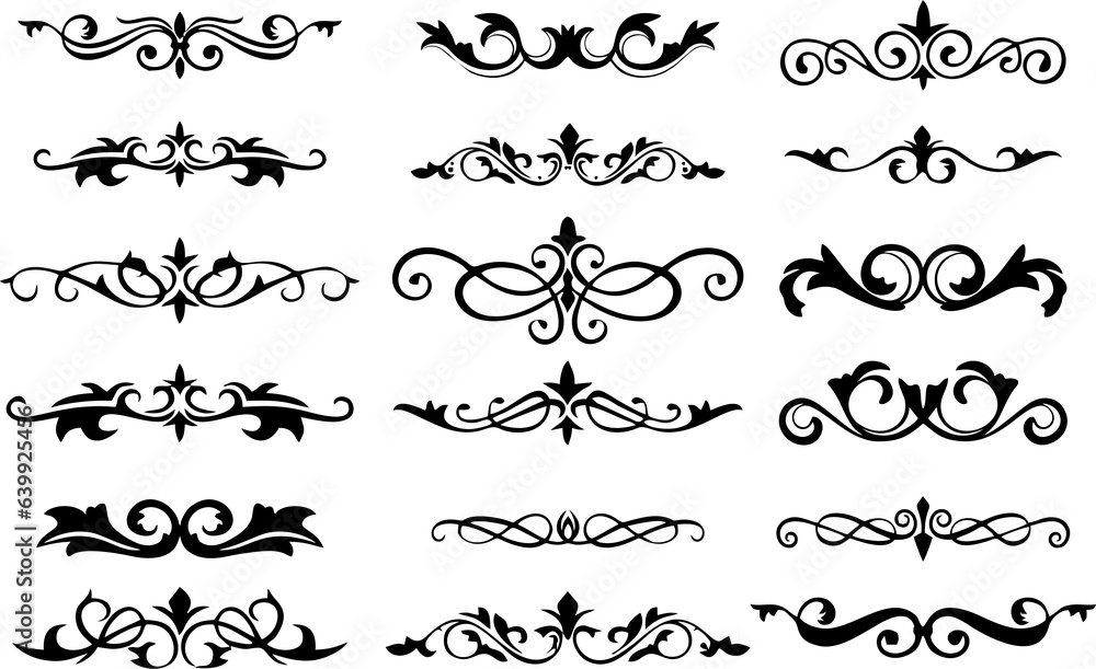 Decorative Borders vignette elements set in vintage style, isolated on white background with HD resolution. Suitable for design, such as manuscript and certificate document elements. 