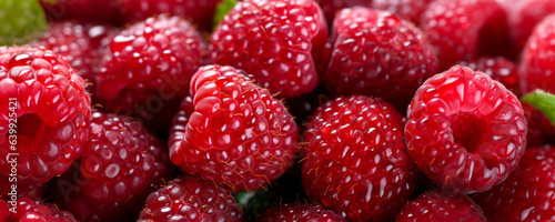 close-up raspberries with water drops, top view