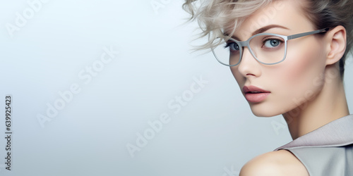 Close-up beauty portrait of a young woman wearing glasses on a light background