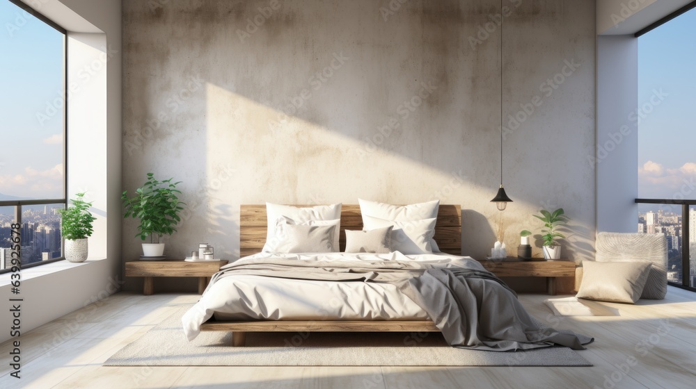 Minimalist interior of modern luxury loft bedroom. Concrete grunge walls, rough wooden bed and side tables, decorative vases with plants, home decor, panoramic windows. Template, 3D rendering. Minimalist interior of modern luxury loft bedroom. Concrete grunge walls, rough wooden bed and side tables, decorative vases with plants, home decor, panoramic windows. Template, 3D rendering.