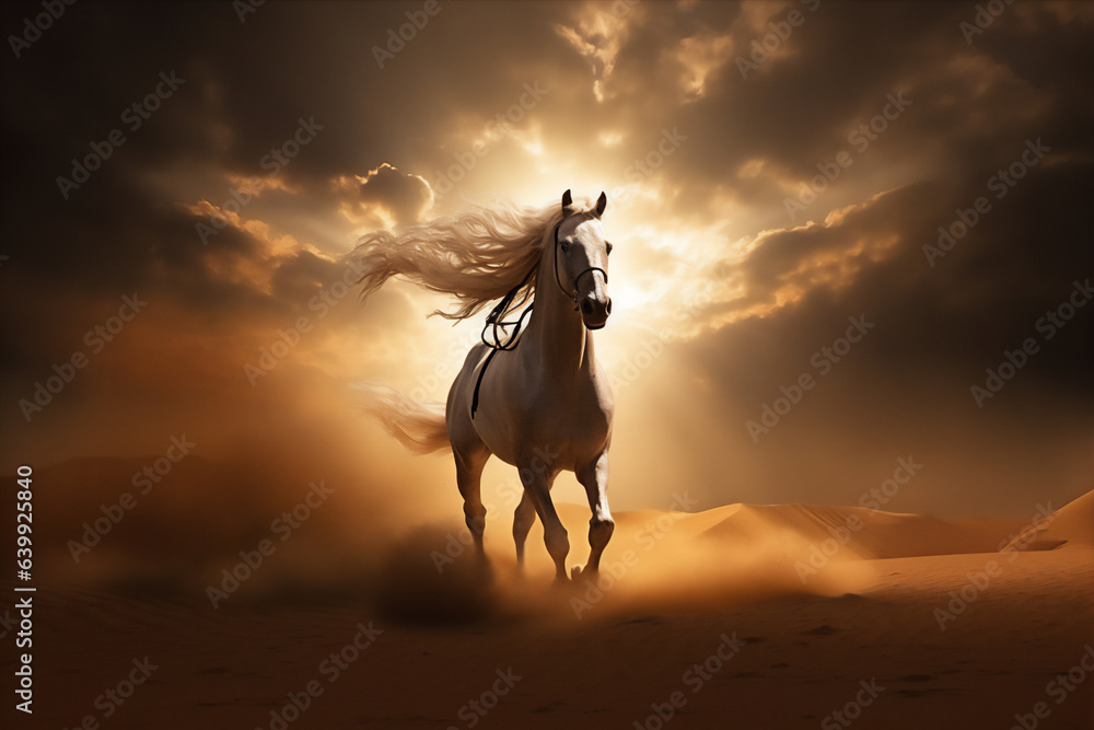 horse in the Arabian desert at sunset, giant round sun, side angle, scattering flying huge dust, hyper realistic, dramatic light and shadows, sun behind the storm clouds
