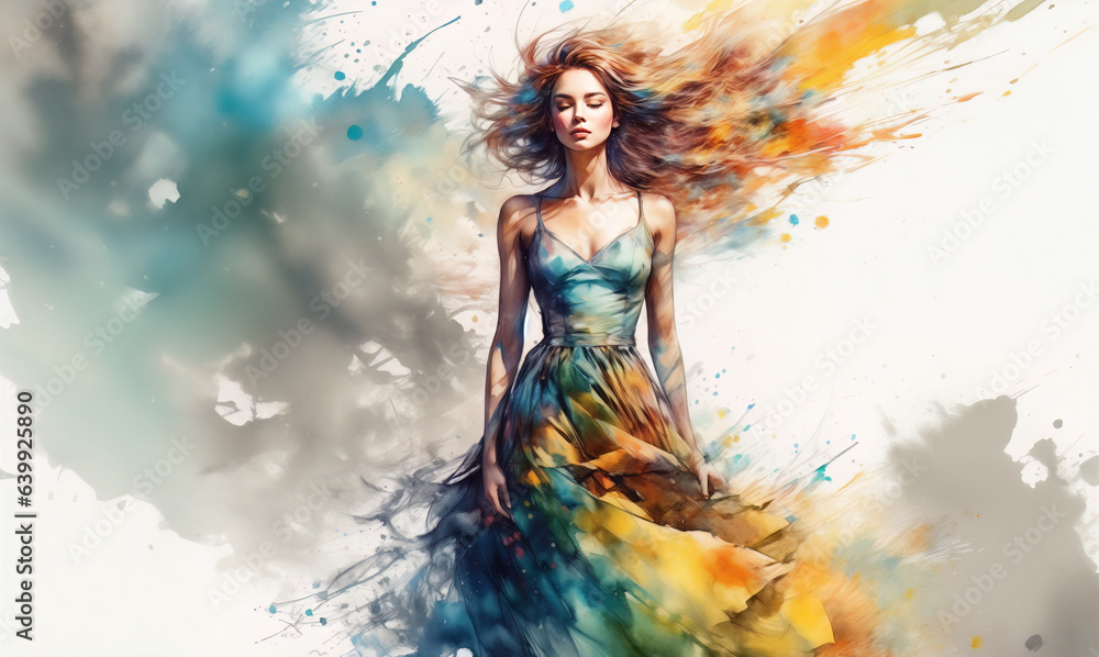 ドレスを着た女性のカラフルなイメージイラスト  Illustration of colorful image of woman in dress - obrazy, fototapety, plakaty 