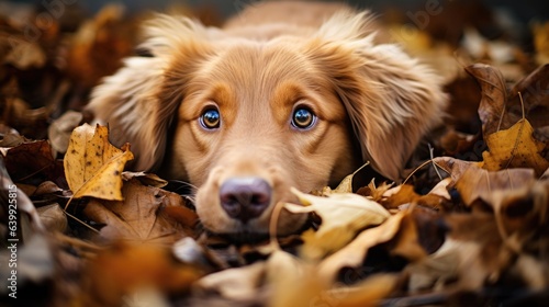 Golden retriever puppy hiding among fallen leaves in autumn.