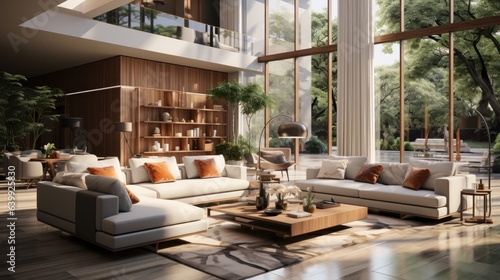 Modern living room interior in luxury open to below house. Hardwood floor, comfortable white corner sofa, coffee table, bookcases. Floor-to-ceiling windows with garden view. Contemporary home decor.