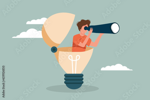 Businessman open lightbulb idea using binoculars to see business vision. Creativity to help see business opportunity, vision to discover new solution or idea, curiosity, searching for success concept.