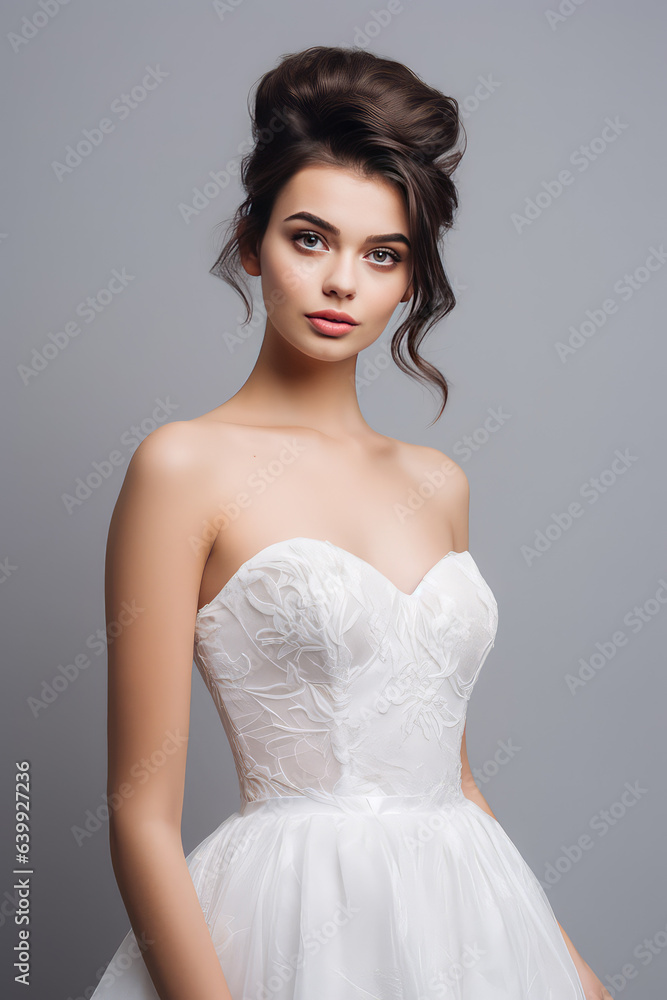 Beautiful brunette girl posing in a white wedding dress with an open back isolated on grey flat background with copy space, wallpaper. Beautiful brunette girl posing in a white wedding dress with an open back isolated on grey flat background with copy space, wallpaper.