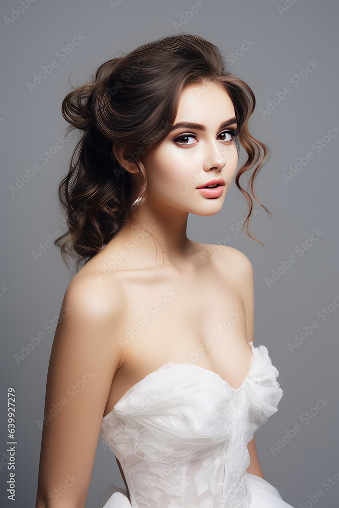 Beautiful brunette girl posing in a white wedding dress with an open back isolated on grey flat background with copy space, wallpaper. Beautiful brunette girl posing in a white wedding dress with an open back isolated on grey flat background with copy space, wallpaper.