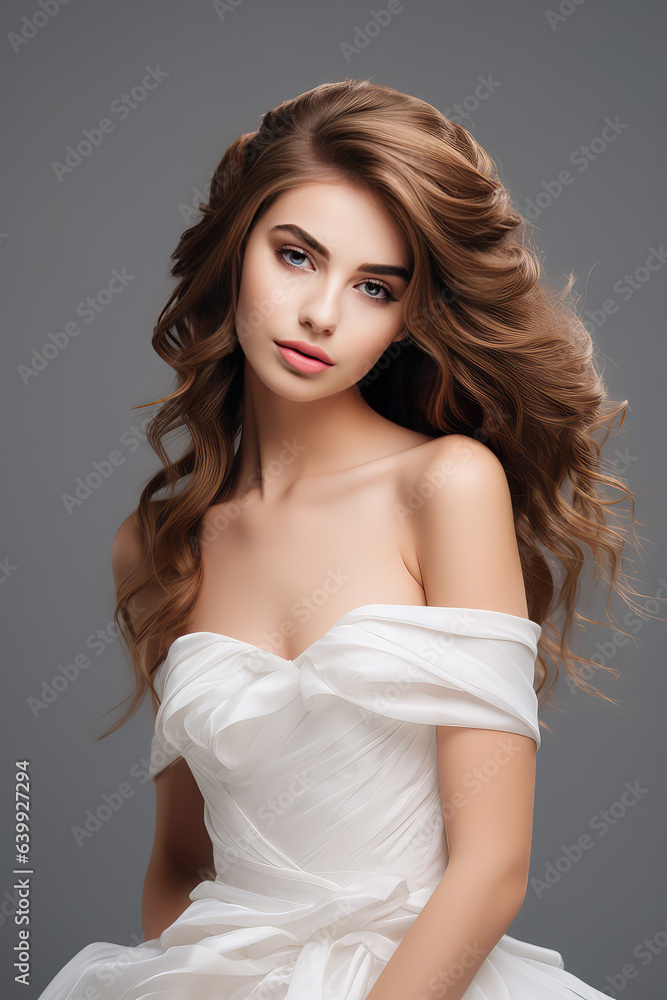 Beautiful brunette girl posing in a white wedding dress with an open back isolated on grey flat background with copy space, wallpaper. Beautiful brunette girl posing in a white wedding dress with an open back isolated on grey flat background with copy space, wallpaper.