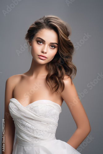 Beautiful brunette girl posing in a white wedding dress with an open back isolated on grey flat background with copy space, wallpaper.