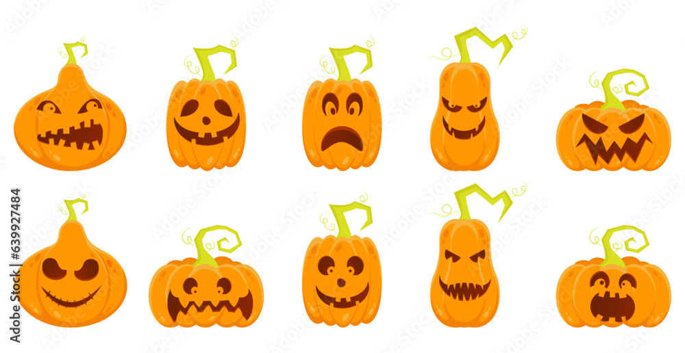 Halloween pumpkin with different scary faces set Halloween pumpkin with different scary faces set