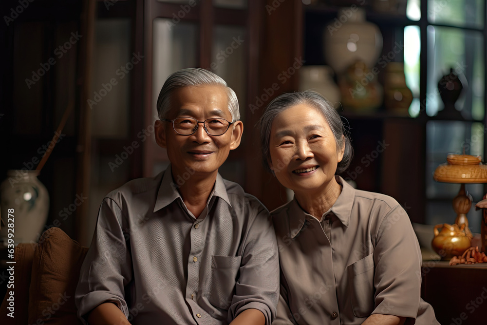 Asian elderly couple feeling happy smiling and looking to camera in living room at home. Generative Ai Asian elderly couple feeling happy smiling and looking to camera in living room at home. Generative Ai