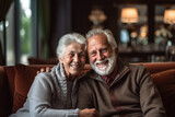 american elderly couple feeling happy smiling and looking to camera while relax in living room at home. Generative Ai