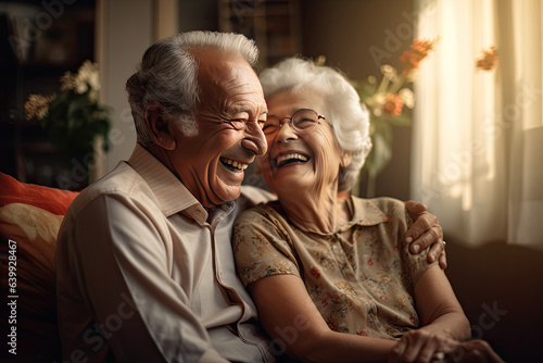 elderly couple feeling happy smiling and looking to camera while relax in living room at home.