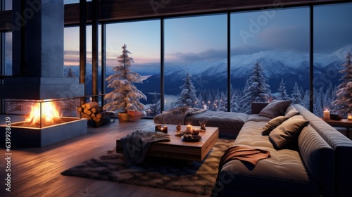 Interior of cozy living room in modern minimalist cottage with Christmas decoration. Blazing fireplace, candles, elegant Christmas tree, large comfortable sofa, panoramic window with mountains view.