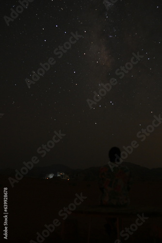 Flower shirt guy looking into the milky way on the Wadi Rum desert