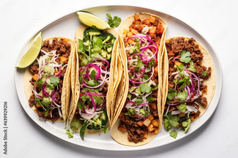 mexican tacos flat lay on white plate view from top mexican tacos flat lay on white plate view from top