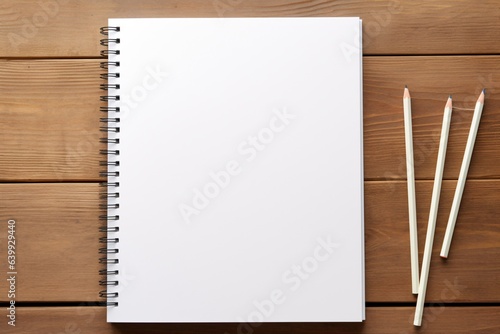 Top View Blank White Book Mockup on Wood Table with Pencils Minimalist Design