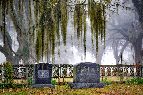 Spooky southern cemetery in fog.