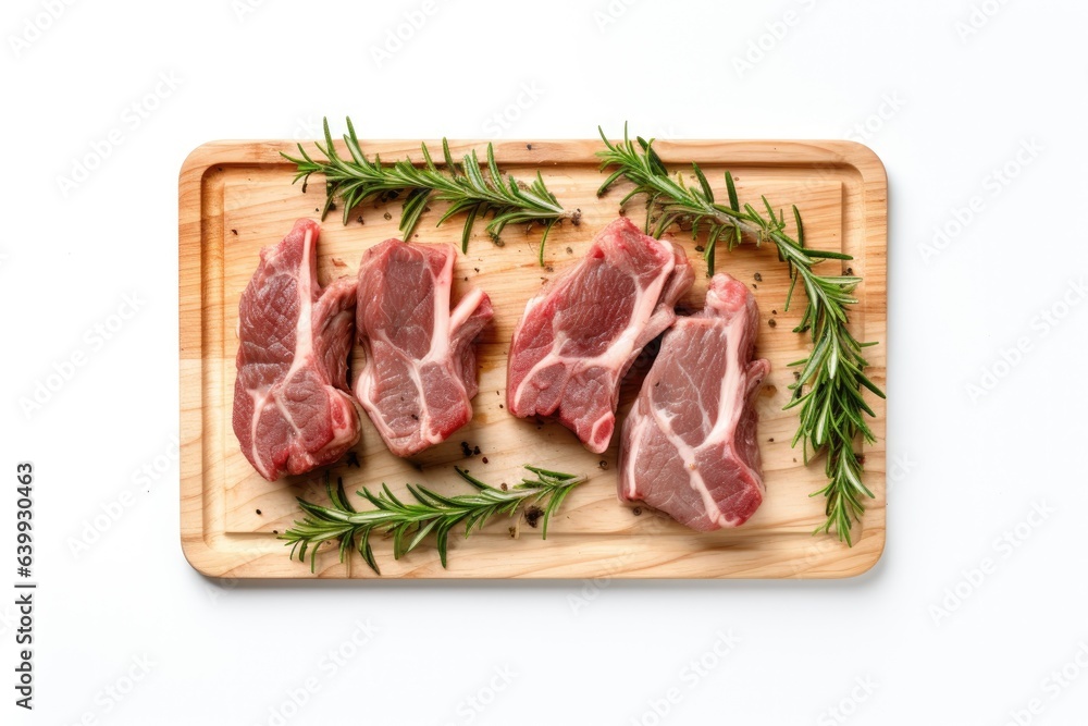 raw beef meat and rosemary on wooden board isolated on white background raw beef meat and rosemary on wooden board isolated on white background