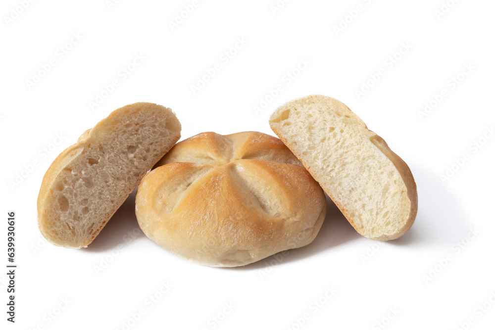 Two buns, isolated on a white background. A soft and airy pastry, golden-brown on the outside and tender on the inside, perfect for a delightful treat any time of day.