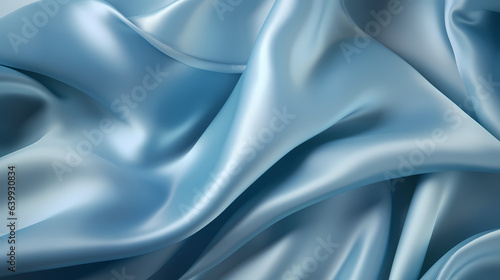 Light blue silk satin background. Beautiful soft folds on the smooth surface of the fabric 
