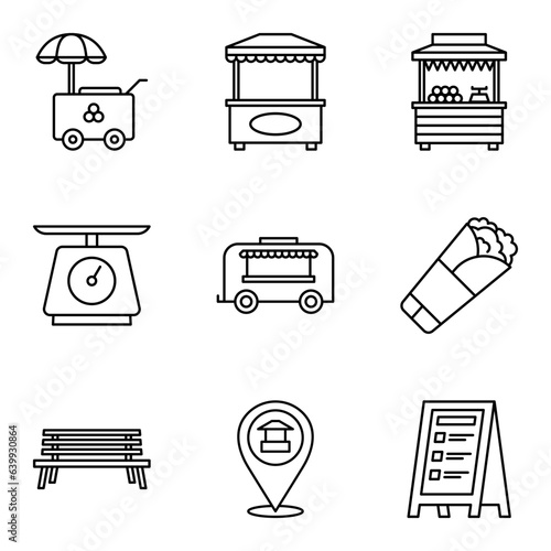 Street food retail icons set. Food market, kiosk, trolley, wheel market stall, mobile cafe, shop, tent, trade cart.