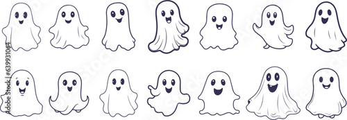 Set of cute funny happy ghosts. Childish spooky boo characters for kids. Magic scary spirits with different emotions and face expressions. Isolated flat cartoon vector illustrations. ghost's element