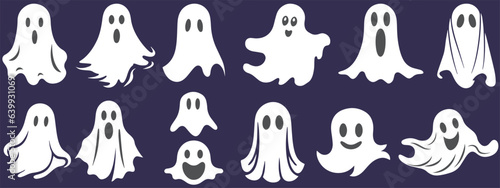 Set of cute funny happy ghosts. Childish spooky boo characters for kids. Magic scary spirits with different emotions and face expressions. Isolated flat cartoon vector illustrations. ghost s element