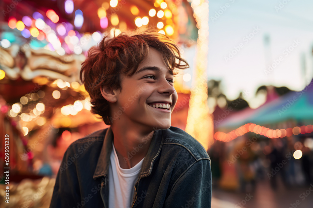 Young happy smiling teenage boy at a carnival with colorful carousel ride in background , fair or funfair concept image Young happy smiling teenage boy at a carnival with colorful carousel ride in background , fair or funfair concept image