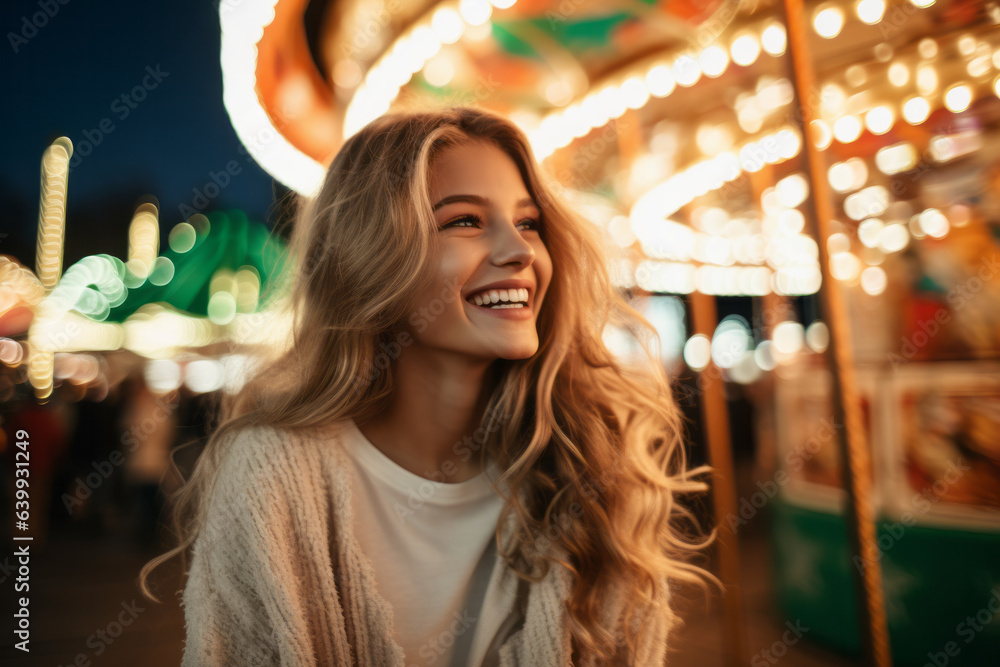 Young happy smiling teenage girl at a carnival with colorful carousel ride in background , fair or funfair concept image Young happy smiling teenage girl at a carnival with colorful carousel ride in background , fair or funfair concept image