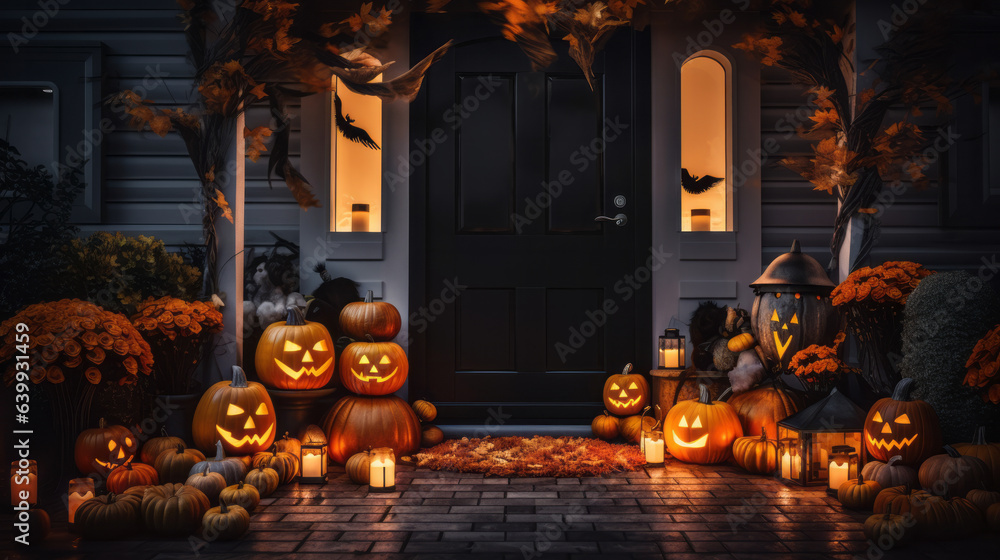 Obraz premium Halloween pumpkins and decorations outside a house, night view of a house entry door with halloween decoration