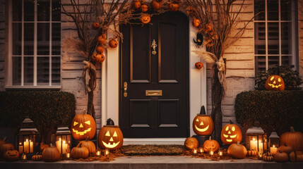 Halloween pumpkins and decorations outside a house, night view of a house entry door with halloween decoration