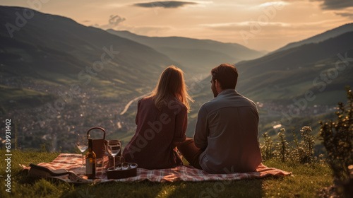 Young lovely couple having picnic in mountains landscape with view on nature and sunset