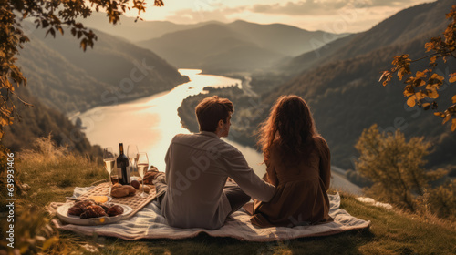 Young lovely couple having picnic in mountains landscape with view on nature and lake