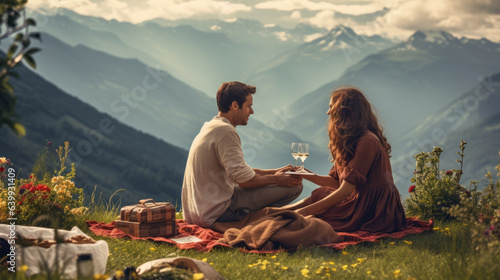 Young lovely couple having picnic in mountains landscape with view on beautiful nature