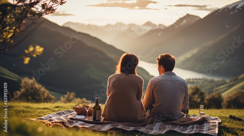Young lovely couple having picnic in mountains landscape with view on nature and lake
