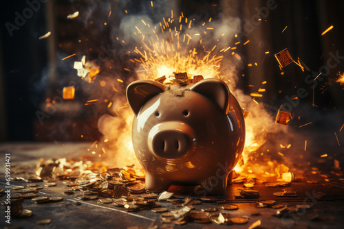 Fotografija Financial crisis, picture of a exploding broken piggy bank depicting bankruptcy,