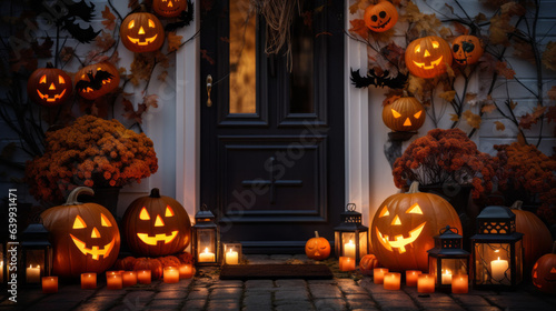Halloween pumpkins and decorations outside a house, night view of a house entry door with halloween decoration